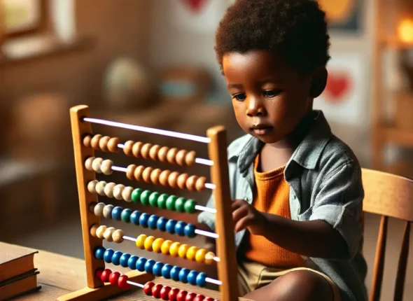 DALL·E 2025-02-12 16.55.29 - A young Black child sitting at a wooden desk, learning to use an abacus. The child has a focused expression, moving the colorful beads on the abacus w